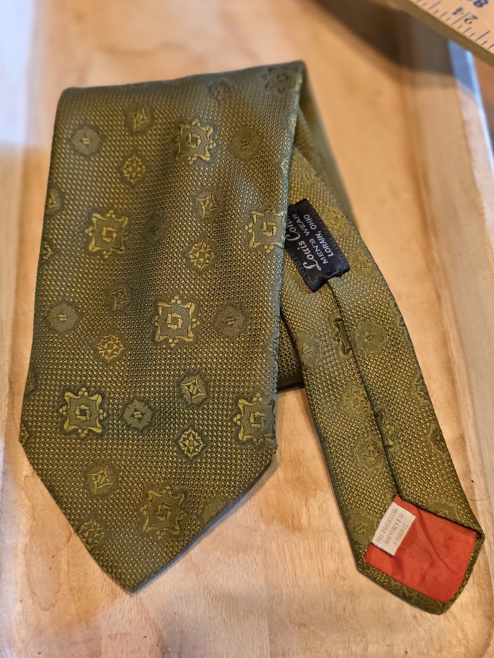 Vintage Olive Green Patterned Polyester Tie